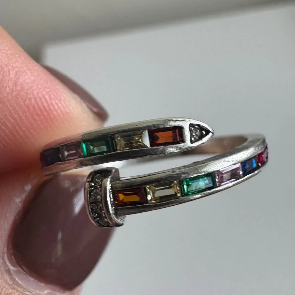 Adjustable Rainbow Baguette Wrap Ring – Multicolor CZ Fashion Jewelry